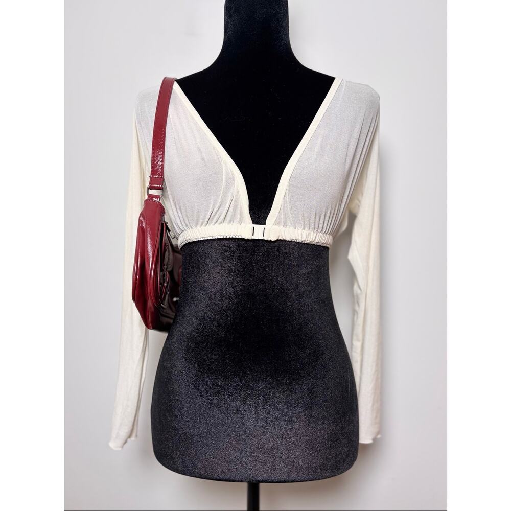 Vtg Y2K Sheer Cream Long Sleeve Underbust Hooked Crop Top
